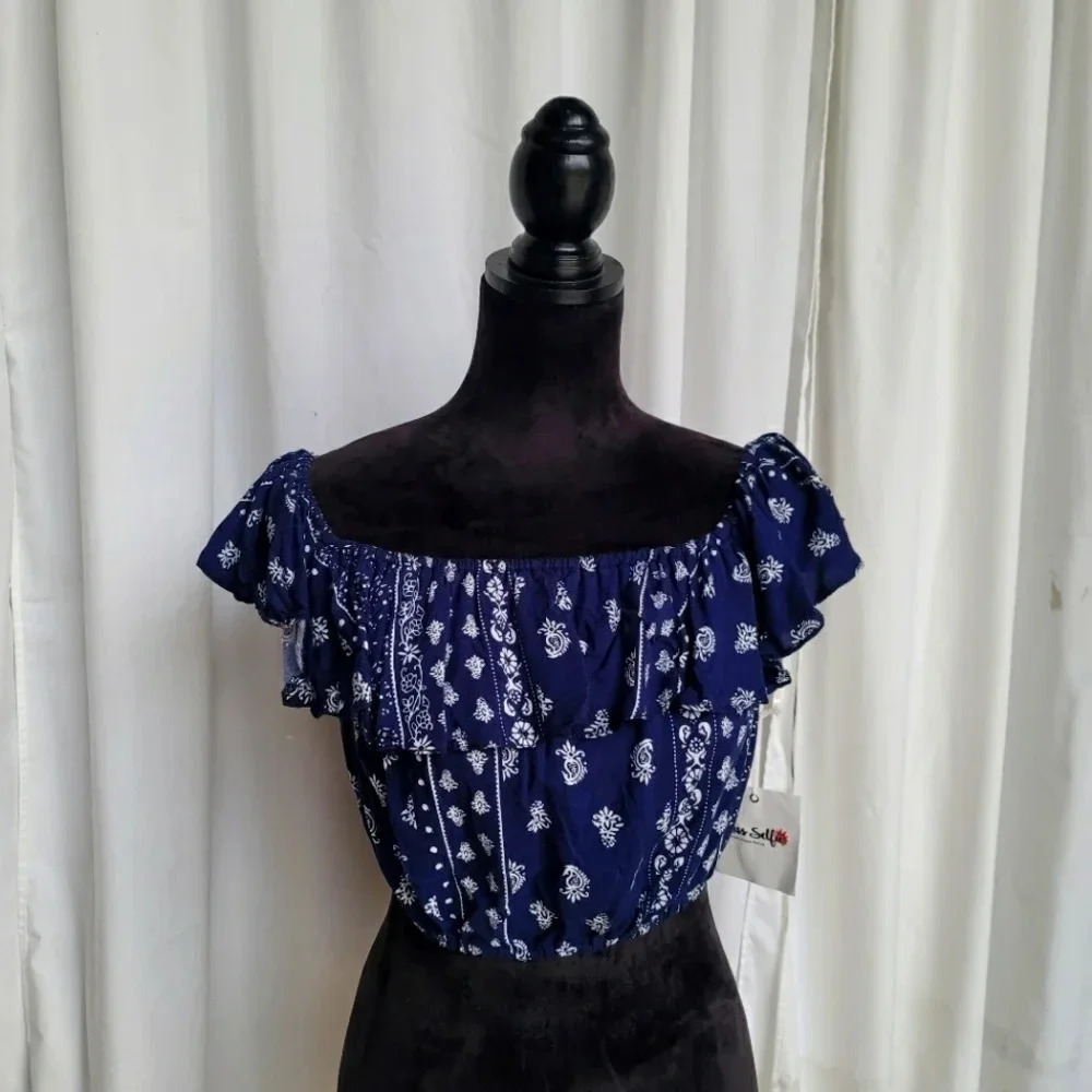 NWT MISS SELFIE Navy Blue White Floral Cropped Tie off shoulder Blouse Top Sz L